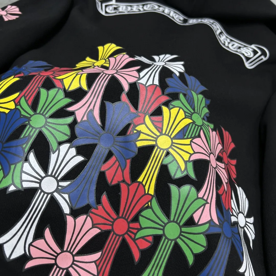 P260 Chrome Hearts Autumn and Winter 25ss counters are on sale simultaneously ❤️ Chrome classic scroll letter color cross group flower arm hooded sweatshirt Imported environmentally friendly glue printing and dyeing Improved customized version 1:1 high-gram weight high-quality fabric Recommended color: black white Size: S, M, L, XL